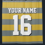 Gouden Houtskool Sport Jersey Preppy Stripe Douchegordijn<br><div class="desc">Preppy Striped Team Jersey / Sports Jersey / Football Jersey / Rugby Jersey met aangepaste naam Pas dit aan met uw eigen naam of teamnaam en een nummer. U kunt de grootte, de kleur en de plaatsing van de tekst wijzigen als u wijzigingen moet aanbrengen, de kleur van de tekstschaduw...</div>