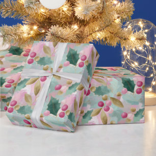 Gouden Hulst & Bes Botanische Kerstpatroon Cadeaupapier