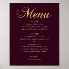 Gouden huwelijksdiner menu. Burgundy elegant eenvo Poster