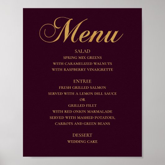 Gouden huwelijksdiner menu. Burgundy elegant eenvo Poster (Voorkant)