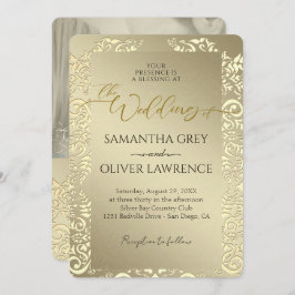 Gouden huwelijksuitnodiging met Monogram & Foto Kaart