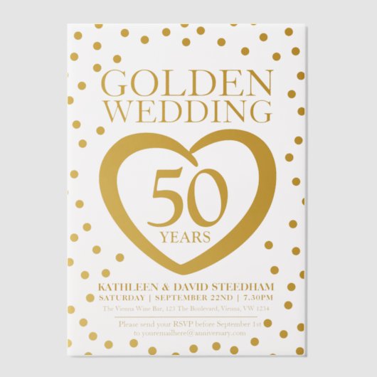 Gouden huwelijksverjaardag 50e goudkleurig hart vellum uitnodigingen (Voorkant)