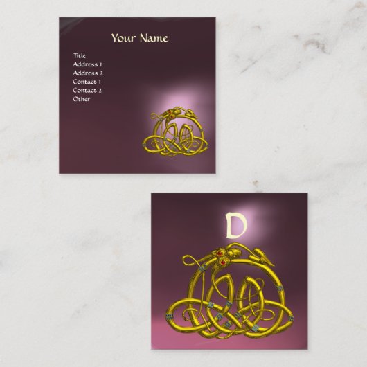 GOUDEN HYPER DRAGON KELTISCHE KNOPEN PAARSE GEM MO VIERKANTE VISITEKAARTJE (Voorkant / Achterkant)
