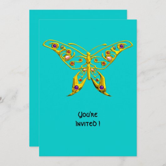 GOUDEN HYPER VLINDER MET EDELSTENEN, Turquoise Bla Kaart (Voorkant / Achterkant)