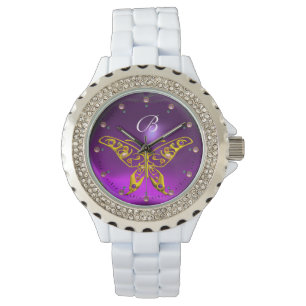 GOUDEN HYPER VLINDER Paarse Amethist Monogram Horloge