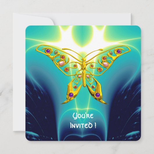 GOUDEN HYPER VLINDER, Turquoise Blauwe Fractale Go Kaart (Voorkant)