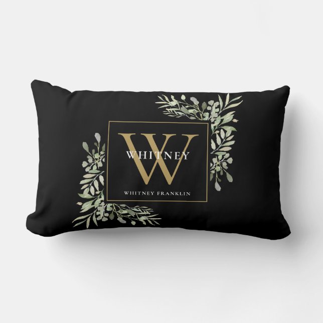 Gouden Initiaal Monogram Moderne Groene Bloemen Zw Kussen (Voorkant)