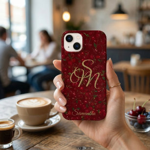 Gouden Initialen op Rode Vrucht: Kersen Monogram Case-Mate iPhone Case