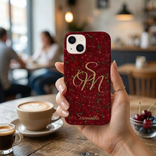 Gouden Initialen op Rode Vrucht: Kersen Monogram Case-Mate iPhone Case