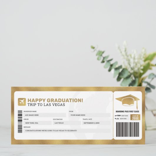 Gouden instapkaart reis trip vliegtuig cadeau tick kaart (Staand voorkant)