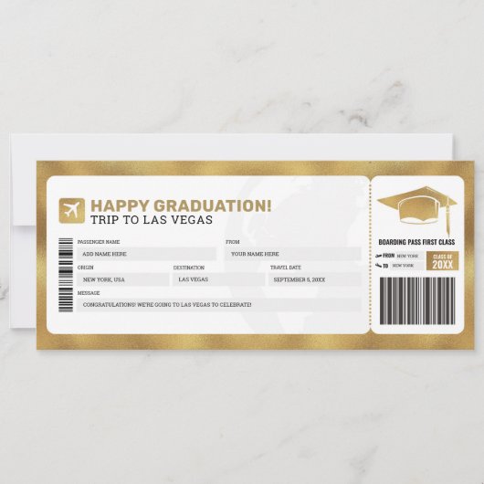 Gouden instapkaart reis trip vliegtuig cadeau tick kaart (Voorkant)