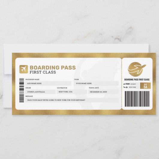 Gouden instapkaart Reisreis Vliegtuig Cadeau Ticke Kaart (Voorkant)