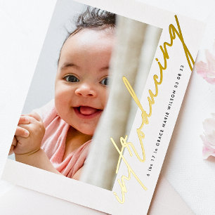 Gouden introductie geschreven fotobaby aankondigin folie uitnodiging
