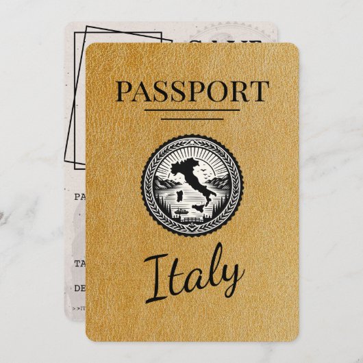 Gouden Italië paspoort Save The Date (Voorkant / Achterkant)