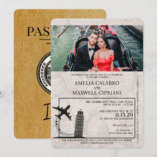 Gouden Italië Paspoort Uitnodiging voor de bruilof (Voorkant / Achterkant)