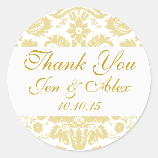 Gouden Ivoor Damask Trouwgunst Ronde Sticker (Voorkant)
