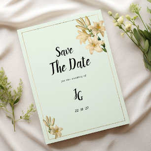 Gouden ivoor munt groene lelie bloem Save The Date Kaart