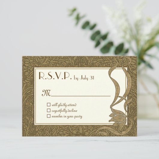 Gouden Ivoren Art Nouveau Elegant RSVP Kaartje (Staand voorkant)