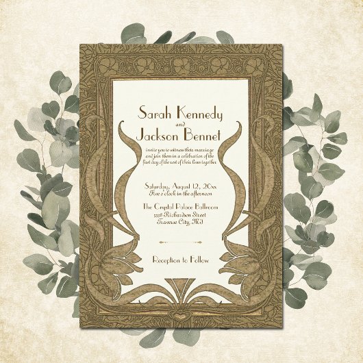 Gouden ivoren art nouveau elegante bruiloft kaart