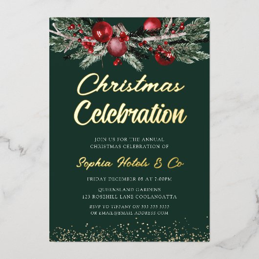 Gouden jaarlijkse Kerstmis Gala Feest Viering Goud Folie Uitnodiging (Voorkant)