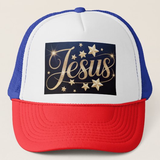 Gouden Jezus Schrift Blauw Trucker Pet (Voorkant)