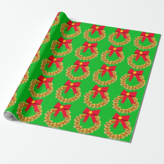 Gouden Jingle Bells Krans Green Wrapping Paper Cadeaupapier (Uitgerold)