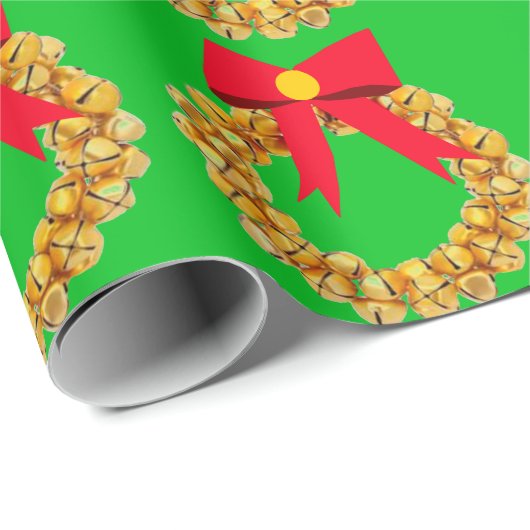 Gouden Jingle Bells Krans Green Wrapping Paper Cadeaupapier (Rol Hoek)