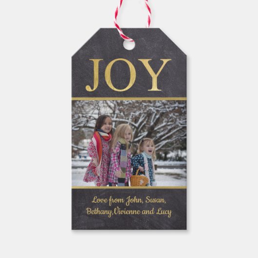 Gouden Joy Chalk Board Kerstmis Fotovakantie Cadeaulabel (Voorkant)