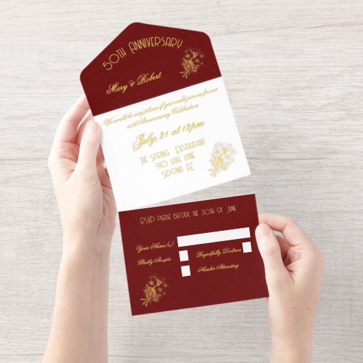 Gouden Jubileum - Bourgogne en Goud All In One Uitnodiging (Uittrekbaar)