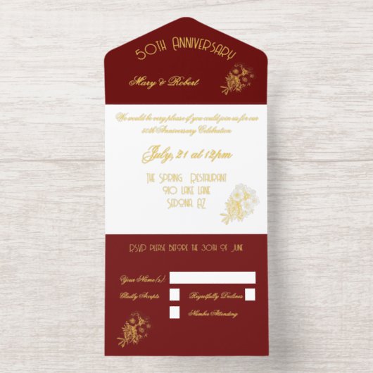 Gouden Jubileum - Bourgogne en Goud All In One Uitnodiging (Binnenkant)