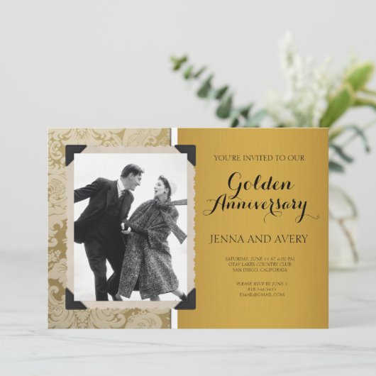 Gouden jubileum uitnodiging Damast (Staand voorkant)