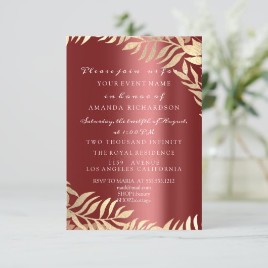 Gouden Jungle Bordeaux Elegante Bruiloft Verjaarda Kaart (Staand voorkant)