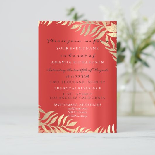 Gouden Jungle Rode Robijn Goud Elegante Bruids Ver Kaart (Staand voorkant)