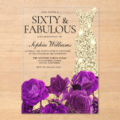 Gouden jurk 60e verjaardagsfeest Paarse bloem Acryl Uitnodigingen (Voorkant)
