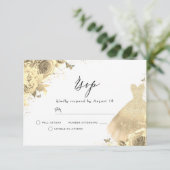 Gouden jurk & bloemen verjaardag bruids bruiloft RSVP kaartje (Staand voorkant)