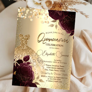 Gouden jurk bordeauxrozen Quinceañera Kaart