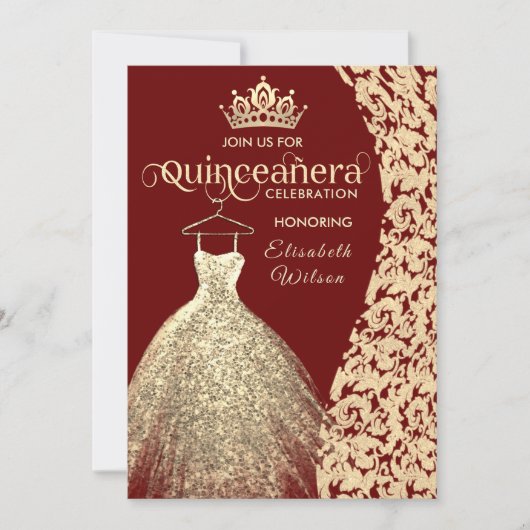 gouden jurk damask tiara Quinceañera rood Kaart (Voorkant)