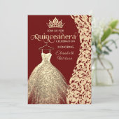 gouden jurk damask tiara Quinceañera rood Kaart (Staand voorkant)