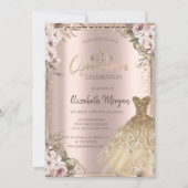 Gouden jurk, diamanten Boho bloemen Quinceañera Kaart (Voorkant)