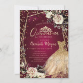 Gouden Jurk Diamanten Rozen Bourgondië Quinceañera Kaart (Voorkant)