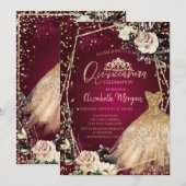 Gouden Jurk Diamanten Rozen Bourgondië Quinceañera Kaart (Voorkant / Achterkant)