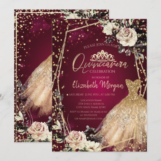 Gouden Jurk Diamanten Rozen Bourgondië Quinceañera Kaart (Voorkant / Achterkant)