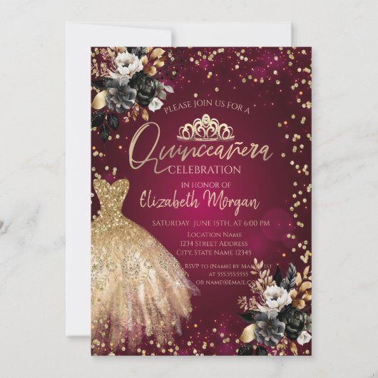 Gouden jurk, diamanten zwart Rozen quinceañera Kaart (Voorkant)