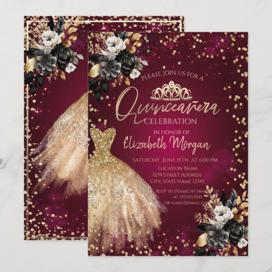 Gouden jurk, diamanten zwart Rozen quinceañera Kaart (Voorkant / Achterkant)