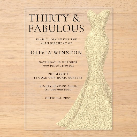 Gouden jurk Elegant Dertig & Fabulous 30ste verjaa Acryl Uitnodigingen (Voorkant)