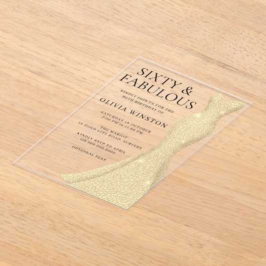 Gouden jurk Elegant Sixty & Fabulous 60ste verjaar Acryl Uitnodigingen (Laagn)