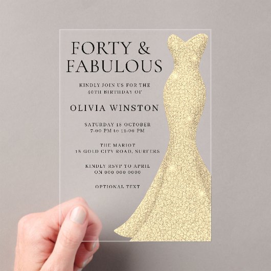 Gouden jurk Elegant Veertig & Fabulous 40ste verja Acryl Uitnodigingen (Insitu (Draagbaar))