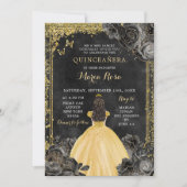 Gouden jurk en zwart Roos Royale Quinceañera Kaart (Voorkant)