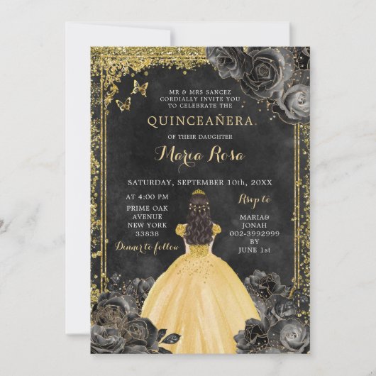 Gouden jurk en zwart Roos Royale Quinceañera Kaart (Voorkant)