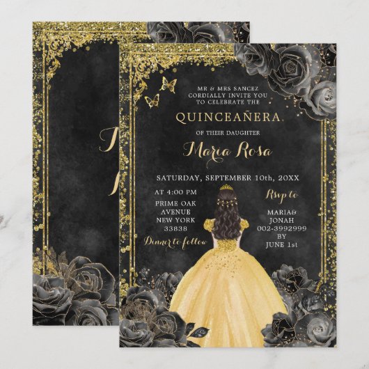Gouden jurk en zwart Roos Royale Quinceañera Kaart (Voorkant / Achterkant)
